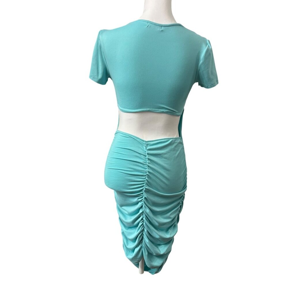 Popular 21 Turquoise Festival Cutout Back Ruched Y2k Bodycon Midi Dress Size M - Picture 3 of 11